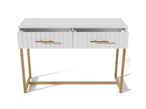 Kaptafel Versierd Met Verticale Strepen - H 75 Cm - Met 2 Laden En Metalen Onderstel - Wit