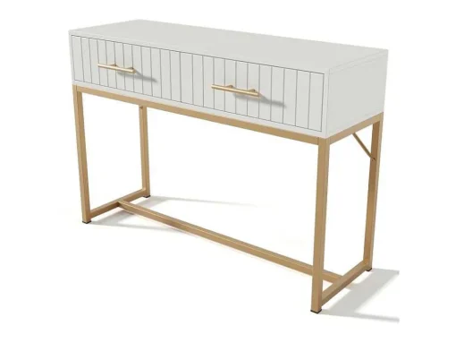 Kaptafel Versierd Met Verticale Strepen - H 75 Cm - Met 2 Laden En Metalen Onderstel - Wit