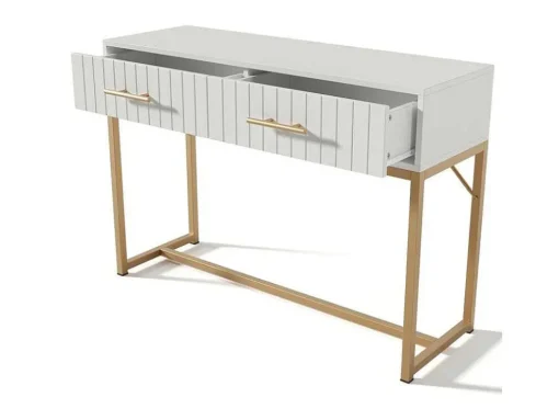 Kaptafel Versierd Met Verticale Strepen - H 75 Cm - Met 2 Laden En Metalen Onderstel - Wit