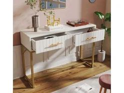 Kaptafel Versierd Met Verticale Strepen - H 75 Cm - Met 2 Laden En Metalen Onderstel - Wit