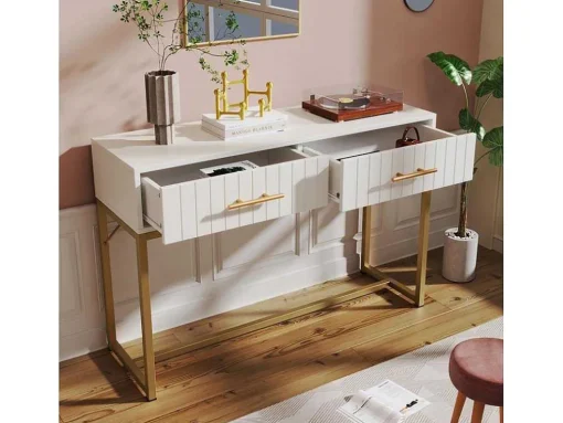 Kaptafel Versierd Met Verticale Strepen - H 75 Cm - Met 2 Laden En Metalen Onderstel - Wit
