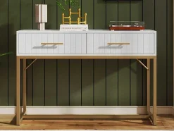 Kaptafel Versierd Met Verticale Strepen - H 75 Cm - Met 2 Laden En Metalen Onderstel - Wit