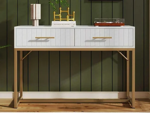 Kaptafel Versierd Met Verticale Strepen - H 75 Cm - Met 2 Laden En Metalen Onderstel - Wit
