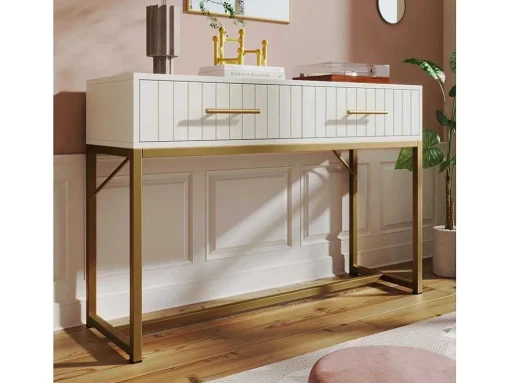 Kaptafel Versierd Met Verticale Strepen - H 75 Cm - Met 2 Laden En Metalen Onderstel - Wit