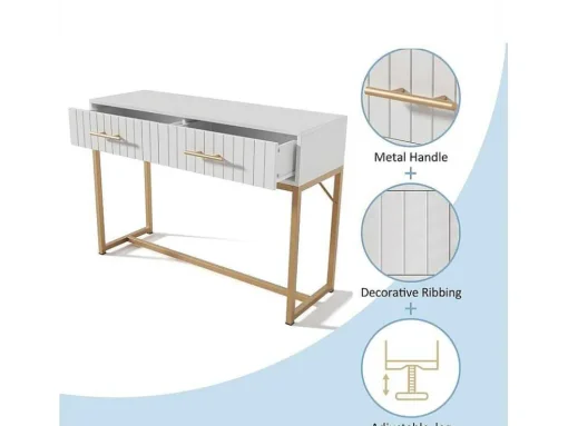 Kaptafel Versierd Met Verticale Strepen - H 75 Cm - Met 2 Laden En Metalen Onderstel - Wit