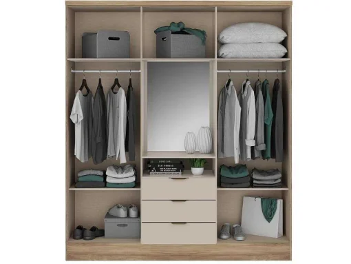 Kast Met 6 Deuren En 3 Lades - Met Spiegel - L180 Cm - Kleur: Naturel En Beige - Elorio