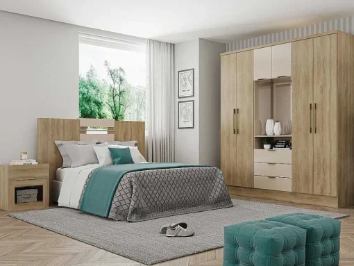 Kast Met 6 Deuren En 3 Lades - Met Spiegel - L180 Cm - Kleur: Naturel En Beige - Elorio