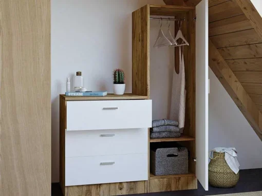 Kast Met 3 Lades En Element Met Spiegel - Wit En Houtlook - Vitorio