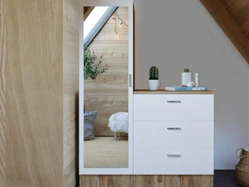 Kast Met 3 Lades En Element Met Spiegel - Wit En Houtlook - Vitorio