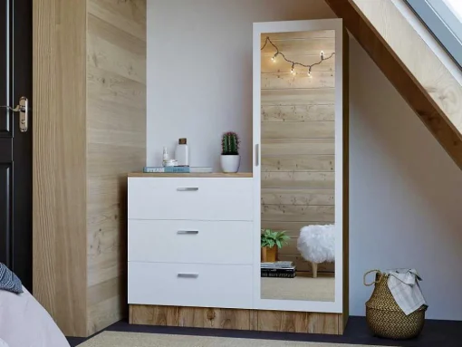 Kast Met 3 Lades En Element Met Spiegel - Wit En Houtlook - Vitorio