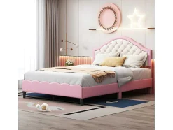 Kinderbed 140X200Cm Met Gewatteerde Rugleuning In Kunstleer - Lattenbodem - Roze