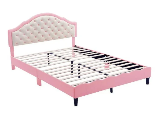 Kinderbed 140X200Cm Met Gewatteerde Rugleuning In Kunstleer - Lattenbodem - Roze