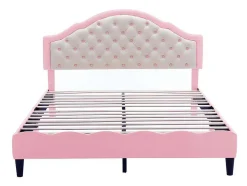Kinderbed 140X200Cm Met Gewatteerde Rugleuning In Kunstleer - Lattenbodem - Roze
