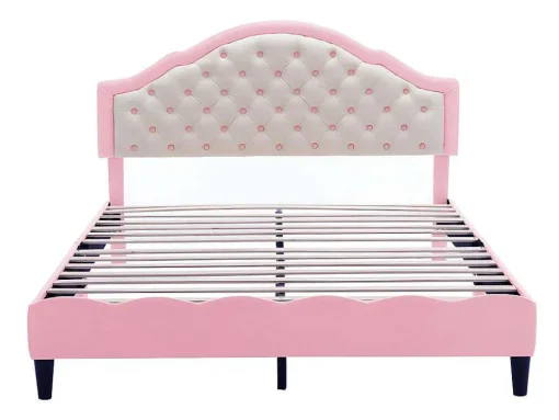Kinderbed 140X200Cm Met Gewatteerde Rugleuning In Kunstleer - Lattenbodem - Roze