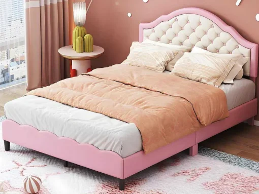 Kinderbed 140X200Cm Met Gewatteerde Rugleuning In Kunstleer - Lattenbodem - Roze