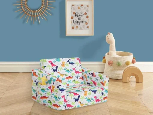 Kinderfauteuil Van Fluweel Met Dinosaurus Motieven - Wit - Almagro