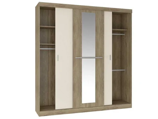 Kledingkast - 3 Schuifdeuren - Met Spiegel - L205Cm - Naturel En Beige - Didda Ii