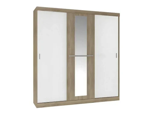 Kledingkast - 3 Schuifdeuren - Met Spiegel - L205Cm - Naturel En Beige - Didda Ii