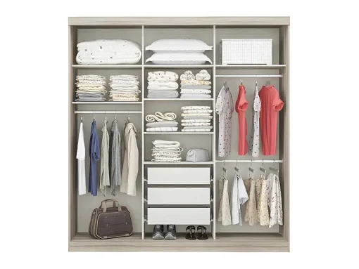 Kledingkast - 3 Schuifdeuren - Met Spiegel - L205Cm - Naturel En Beige - Didda Ii