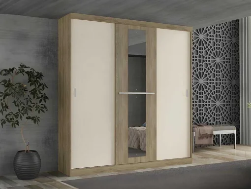 Kledingkast - 3 Schuifdeuren - Met Spiegel - L205Cm - Naturel En Beige - Didda Ii