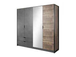 Kleerkast 4 Deuren En 2 Laden - Met Spiegel - L220 Cm - Kleur: Naturel En Antraciet - Laonile