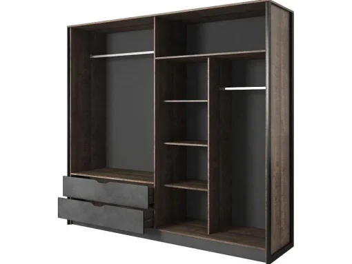 Kleerkast 4 Deuren En 2 Laden - Met Spiegel - L220 Cm - Kleur: Naturel En Antraciet - Laonile