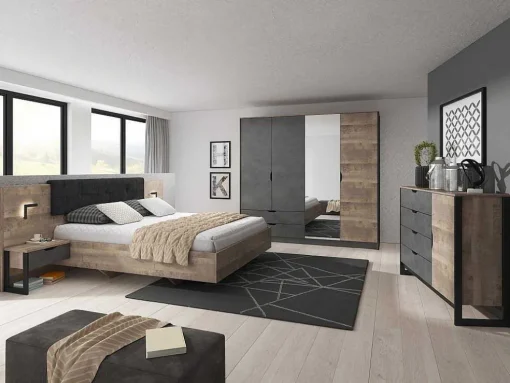 Kleerkast 4 Deuren En 2 Laden - Met Spiegel - L220 Cm - Kleur: Naturel En Antraciet - Laonile
