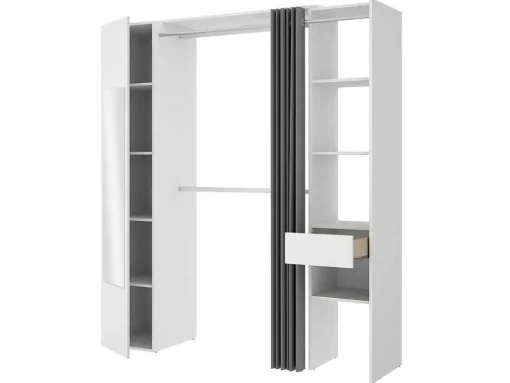 Kleerkast Met Gordijn En 1 Deur - Met Spiegel - L177 Cm - Wit En Grijs - Bertrand