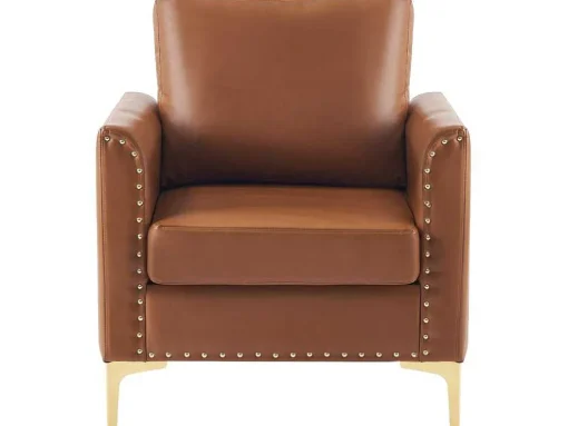 Kunstleren Chesterfield Fauteuil Met Dik Kussen - Goud Metalen Poten - Bruin