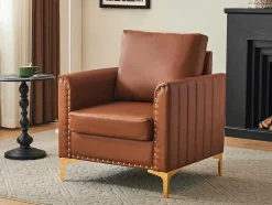 Kunstleren Chesterfield Fauteuil Met Dik Kussen - Goud Metalen Poten - Bruin