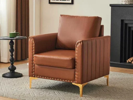 Kunstleren Chesterfield Fauteuil Met Dik Kussen - Goud Metalen Poten - Bruin
