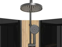 Kwartcirkelvormige Douchecabine Met Massagestralen En Paneel In Bamboe - Zwart - L90 X B90 X H225 Cm - Tiloma