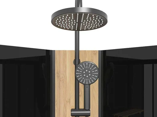 Kwartcirkelvormige Douchecabine Met Massagestralen En Paneel In Bamboe - Zwart - L90 X B90 X H225 Cm - Tiloma
