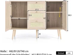 Ladekast 120 X 82 X 40 Cm Met 2 Deuren En 3 Laden In Rotan En Sonoma Eiken, Verstelbare Plank, Beige