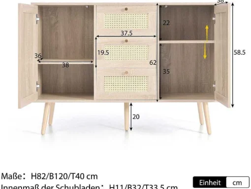 Ladekast 120 X 82 X 40 Cm Met 2 Deuren En 3 Laden In Rotan En Sonoma Eiken, Verstelbare Plank, Beige