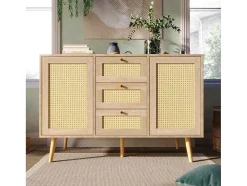 Ladekast 120 X 82 X 40 Cm Met 2 Deuren En 3 Laden In Rotan En Sonoma Eiken, Verstelbare Plank, Beige
