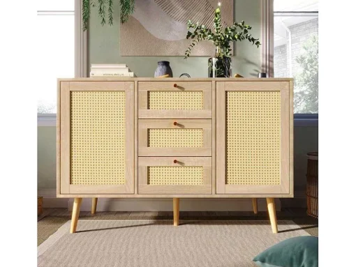 Ladekast 120 X 82 X 40 Cm Met 2 Deuren En 3 Laden In Rotan En Sonoma Eiken, Verstelbare Plank, Beige