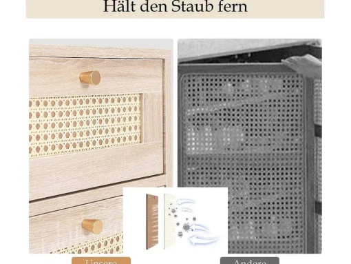 Ladekast 120 X 82 X 40 Cm Met 2 Deuren En 3 Laden In Rotan En Sonoma Eiken, Verstelbare Plank, Beige