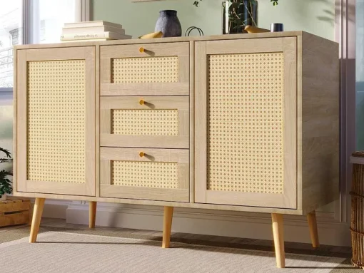 Ladekast 120 X 82 X 40 Cm Met 2 Deuren En 3 Laden In Rotan En Sonoma Eiken, Verstelbare Plank, Beige