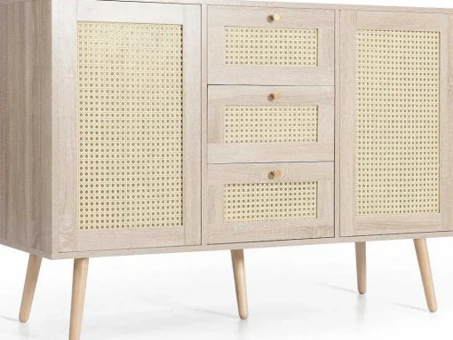 Ladekast 120 X 82 X 40 Cm Met 2 Deuren En 3 Laden In Rotan En Sonoma Eiken, Verstelbare Plank, Beige
