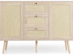 Ladekast 120 X 82 X 40 Cm Met 2 Deuren En 3 Laden In Rotan En Sonoma Eiken, Verstelbare Plank, Beige