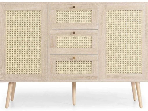 Ladekast 120 X 82 X 40 Cm Met 2 Deuren En 3 Laden In Rotan En Sonoma Eiken, Verstelbare Plank, Beige