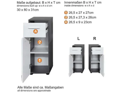 Linebad Badkamerkast 1 Deur, 1 Lade Gerookt Zilver, Wit Hoogglans.