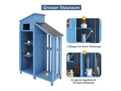Massief Houten Tuinhuis Met Pvc Schuin Dak - 2 Planken 3 Klapdeuren - L124 X D46 X H174 Cm - Blauw