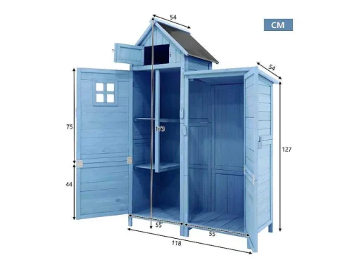Massief Houten Tuinhuis Met Pvc Schuin Dak - 2 Planken 3 Klapdeuren - L118 X D54 X H173 Cm - Blauw