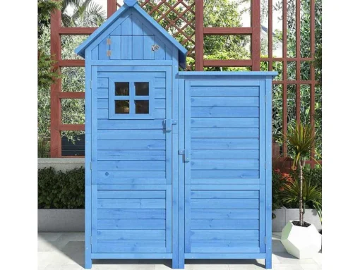 Massief Houten Tuinhuis Met Pvc Schuin Dak - 2 Planken 3 Klapdeuren - L118 X D54 X H173 Cm - Blauw