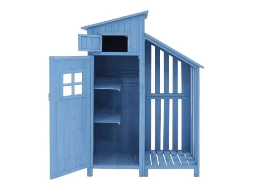 Massief Houten Tuinhuis Met Pvc Schuin Dak - 2 Planken 3 Klapdeuren - L124 X D46 X H174 Cm - Blauw