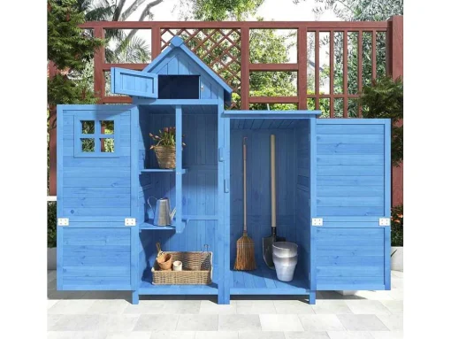 Massief Houten Tuinhuis Met Pvc Schuin Dak - 2 Planken 3 Klapdeuren - L118 X D54 X H173 Cm - Blauw