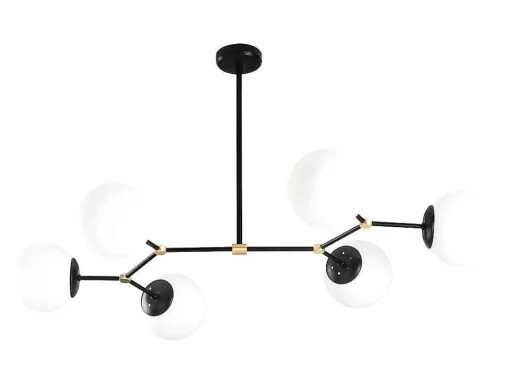 Metalen Plafondlamp Met 6 Bollen Damar - L. 100 X H. 52 Cm - Zwart En Goudkleurig