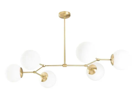 Metalen Plafondlamp Met 6 Bollen Damar - L. 100 X H. 52 Cm - Wit En Goudkleurig